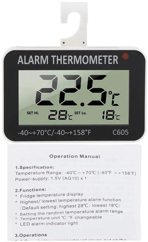 Termometro per Frigorifero Digitale - Schermo LCD - Funzione Allarme - Design con Gancio - Intervallo di Misura della Temperatura -40°C/+70°C - Termometro per Congelatore