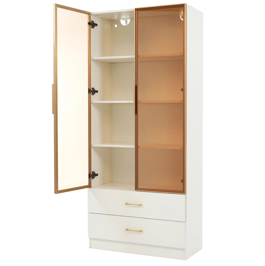 Armadio da bagno 75x34.5x170 cm con vani aperti e vetro temperato in MDF bianco