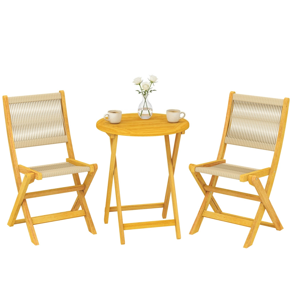 Tavolo da pranzo rotondo allungabile con sedie pieghevoli ¨C zephmum ¨C legno acacia, corda PP, naturale