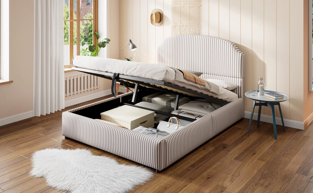 DESMIU Lit contenitore 140 × 200 cm 2 posti con vano idraulico e testiera, senza materasso, in tessuto rigato bianco e antracite