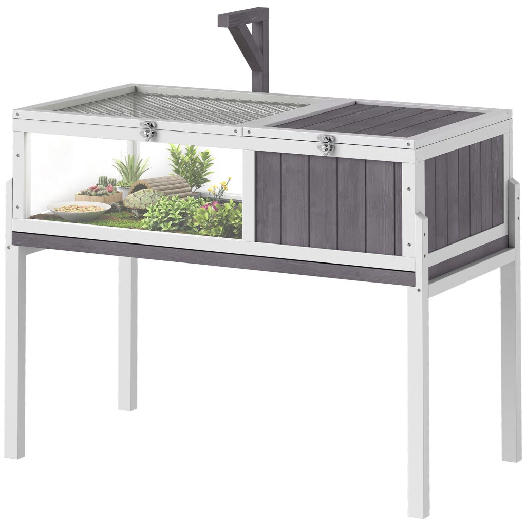 Casetta Tartarughe Rialzata ¨C Minimal ¨C Legno e Plastica, Grigio e Bianco, 104x53x82 cm