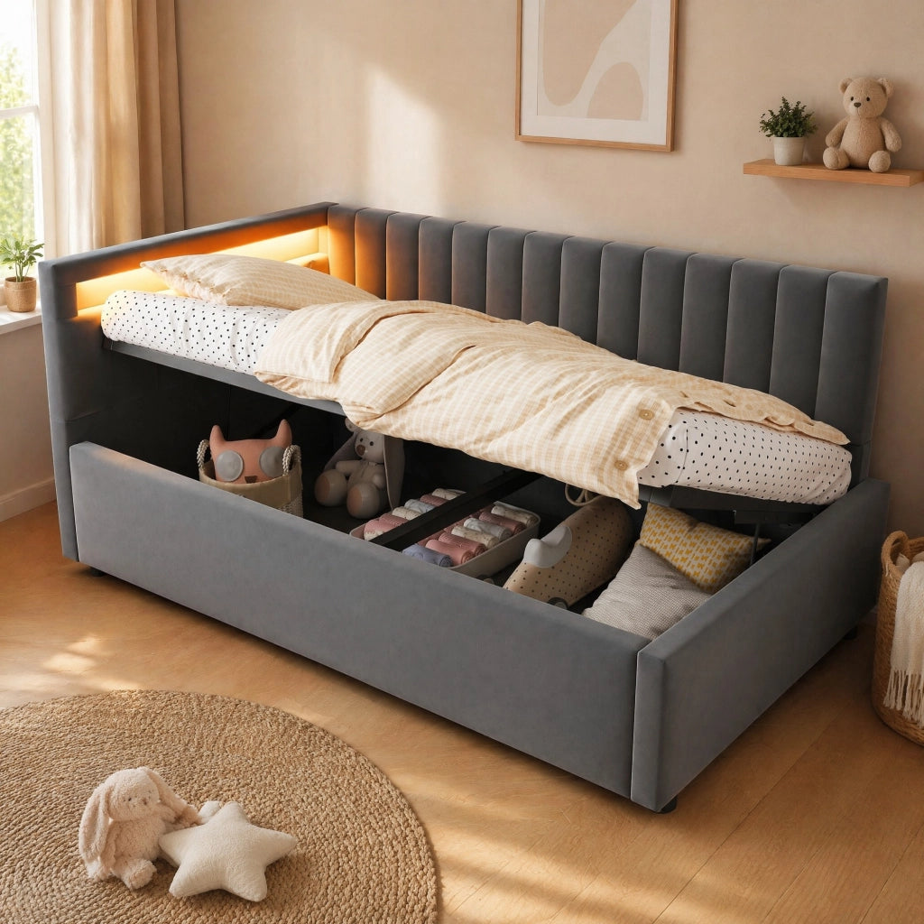 LETTO Divano imbottito 90x200 cm in velluto grigio con LED e contenitore