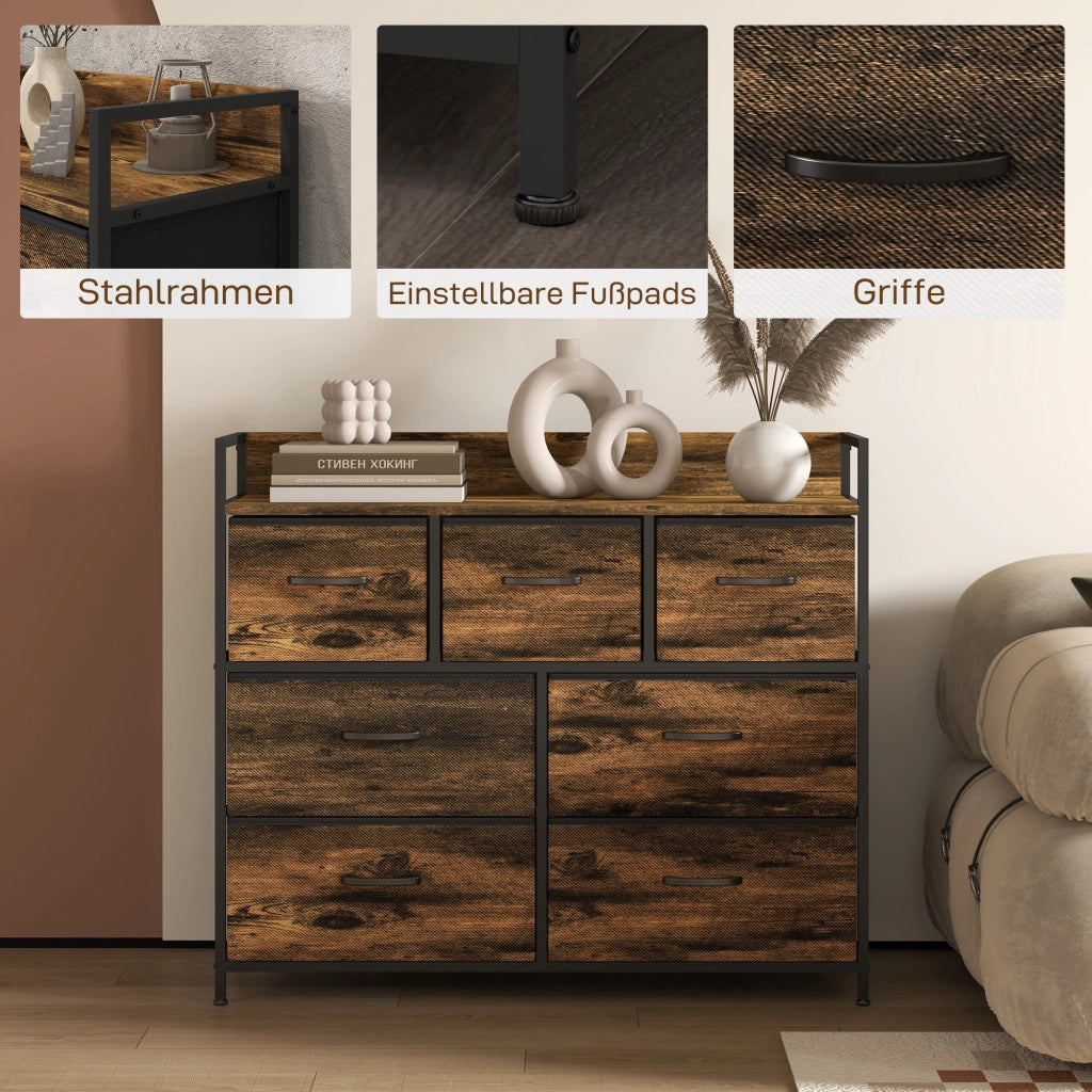 Cassettiera con 7 cassetti in tessuto, design industriale ¨C zephmum ¨C marrone/nero, 98x29x85cm