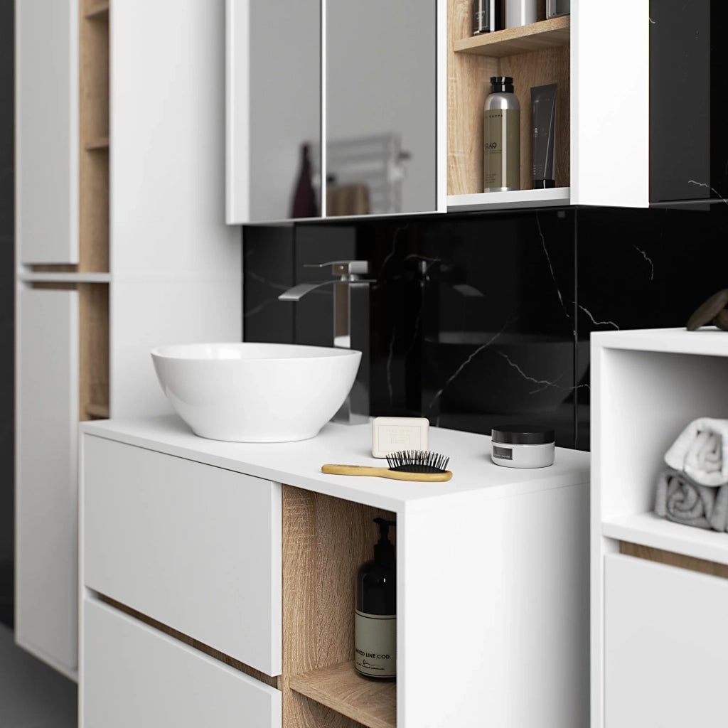 Set di mobili da bagno sospesi VAMI in Bianco con interno Quercia Sonoma con fori per lavabo da appoggio