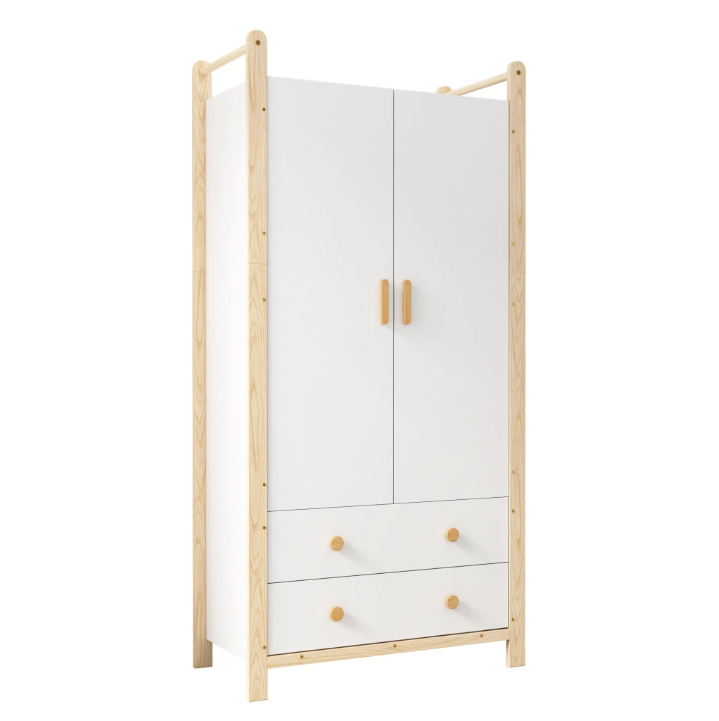 Armadio a 2 ante con barra appendiabiti e 2 cassetti in legno e MDF colore naturale e bianco