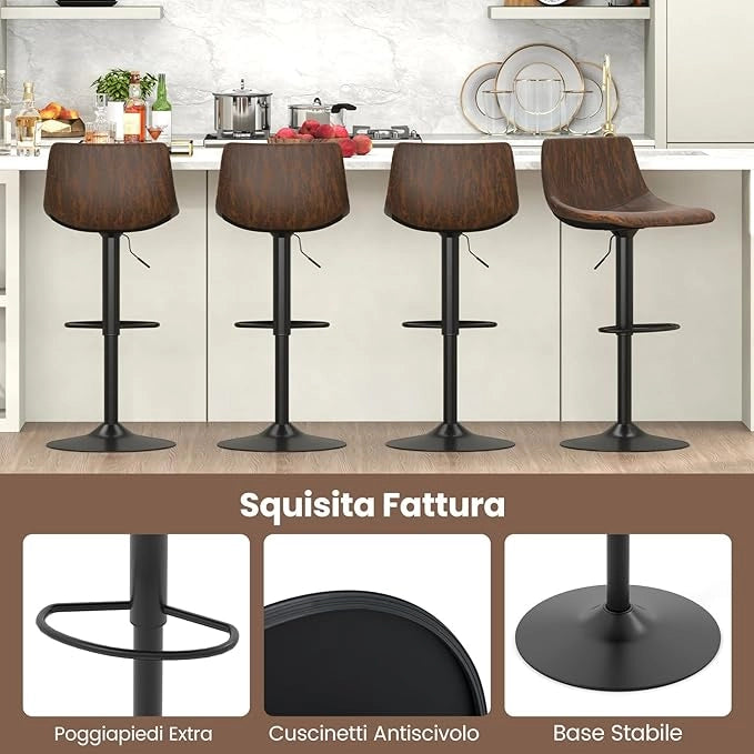Set di 2 Sgabelli da Bar Moderno, Regolabile e Girevole a 360°, Sgabelli da Cucina con Schienale e Poggiapiedi, Sgabello Struttura in Metallo Stile Vintage da Casa, Marrone Rustico