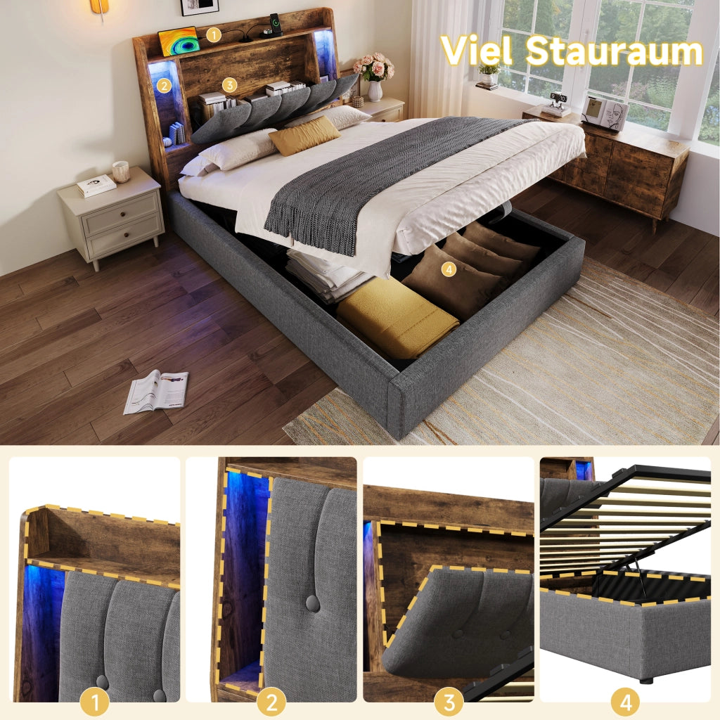 LETTO Imbottito 90x200 cm Grigio in lino e MDF con USB Type-C, LED e vani