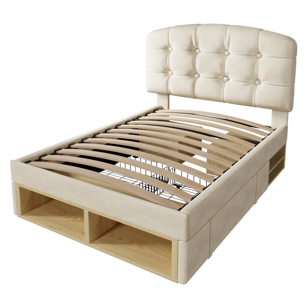 Letto Singolo Imbottito con Cassetti ¨C MINIMAL ¨C Velluto Beige, Testiera Regolabile, 90x200