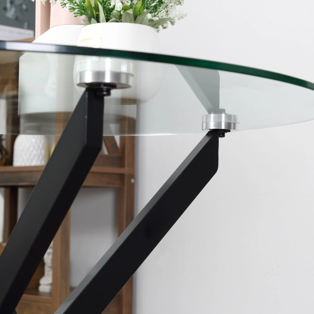 TAVOLINO rotondo in vetro temperato 80x80x75 cm nero con struttura in acciaio