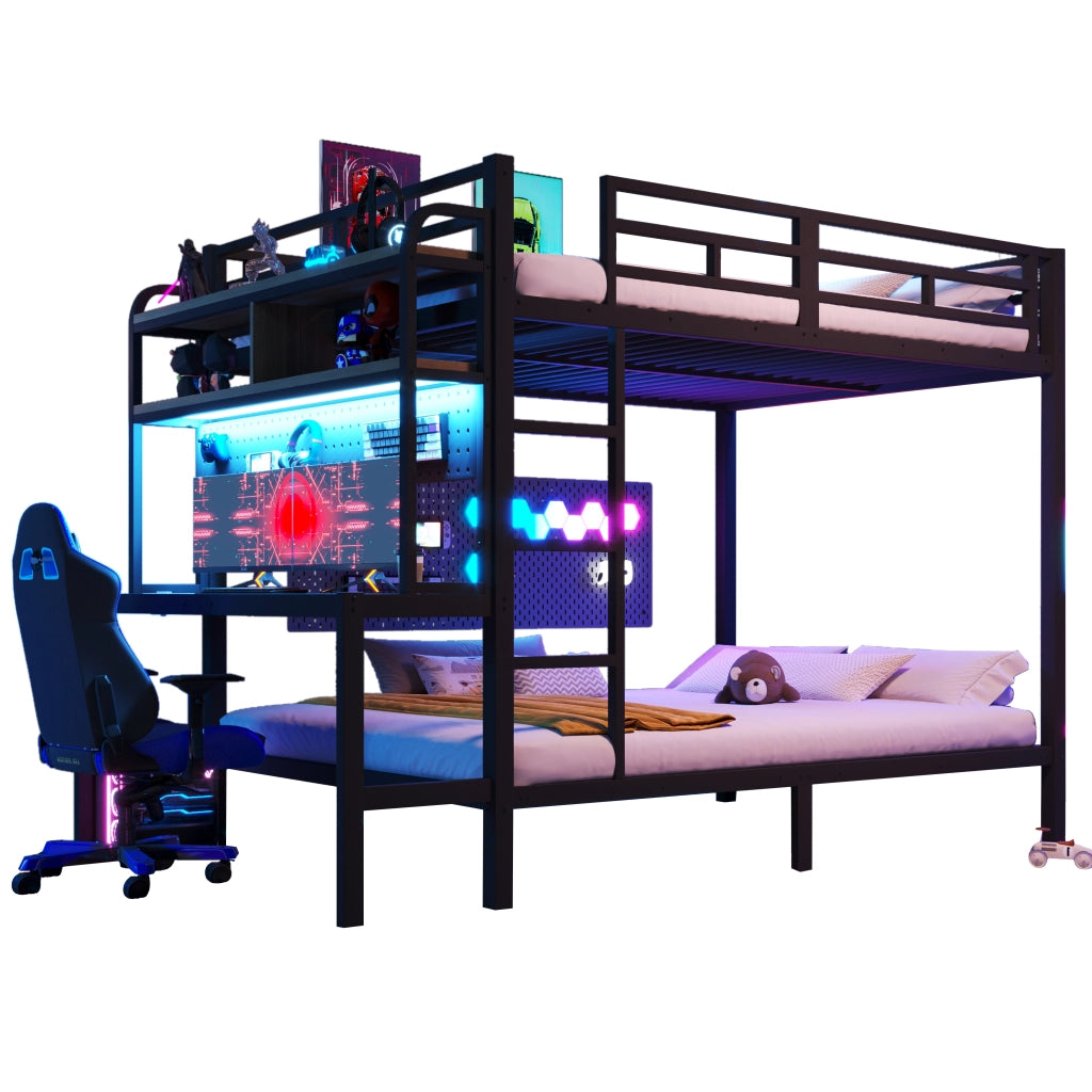 LETTO a castello 140x200 cm metallo nero con scrivania, LED e USB