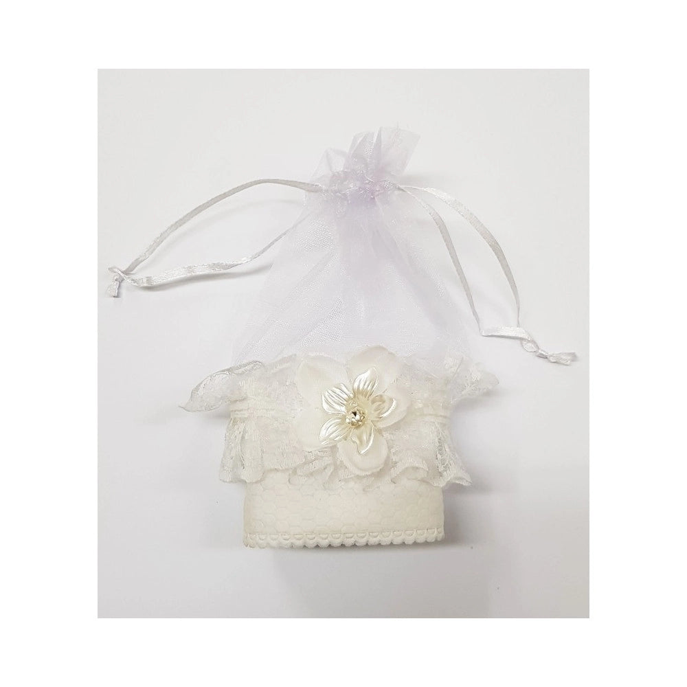 Trade Shop - Set Bomboniera Bomboniere Sacchetto In Organza Bianco Pizzo Fiore Porta Confetti -