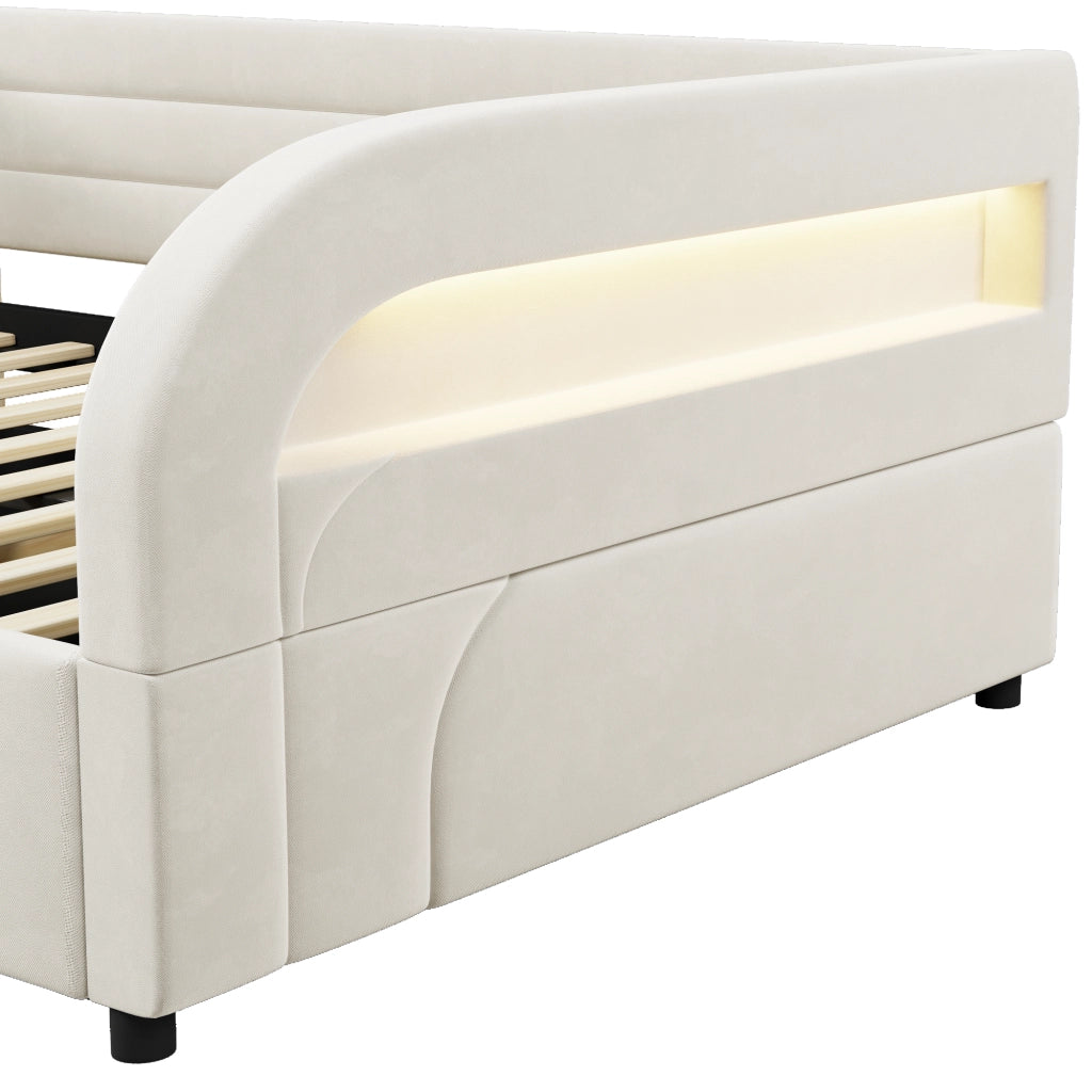 DESMIU Lit con contenitore 140 × 200 cm 2 posti con apertura idraulica, LED, senza materasso, in flanella, beige