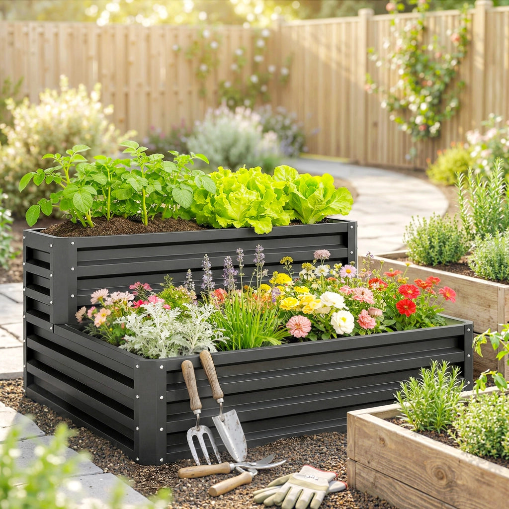 Fioriera rialzata da giardino 2 piani per erbe verdure fiori ¨C Xylo ¨C Grigio scuro 120x101x58 cm