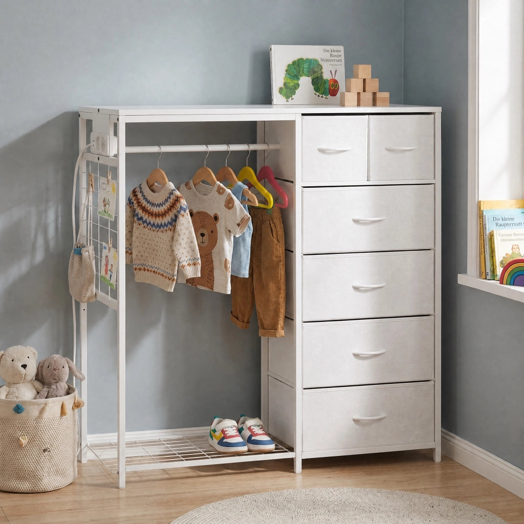 Armadio per bambini, con 6 cassetti, asta appendiabiti e presa di corrente, appendiabiti multifunzionale, bianco