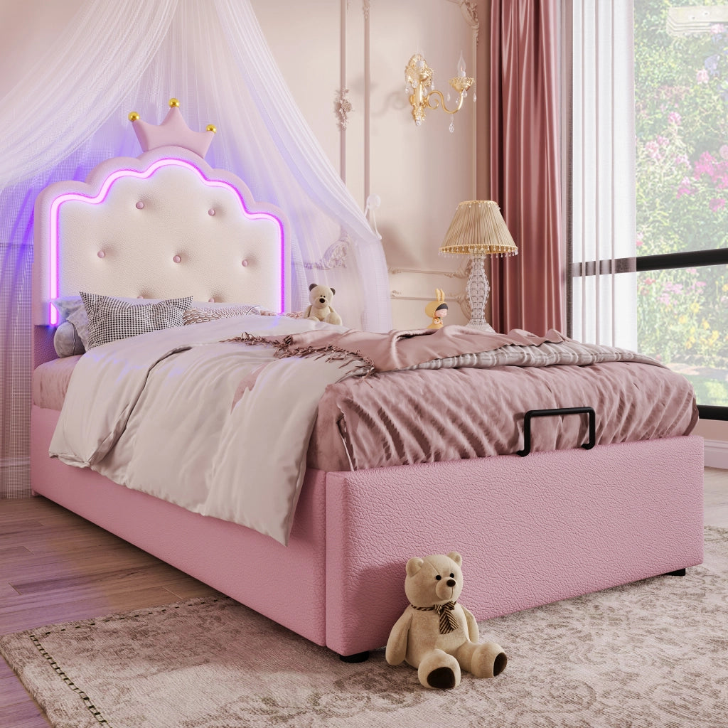 Letto per bambini imbottito 90×200 cm con rete; contenitore idraulico e LED; senza materasso; PU; rosa