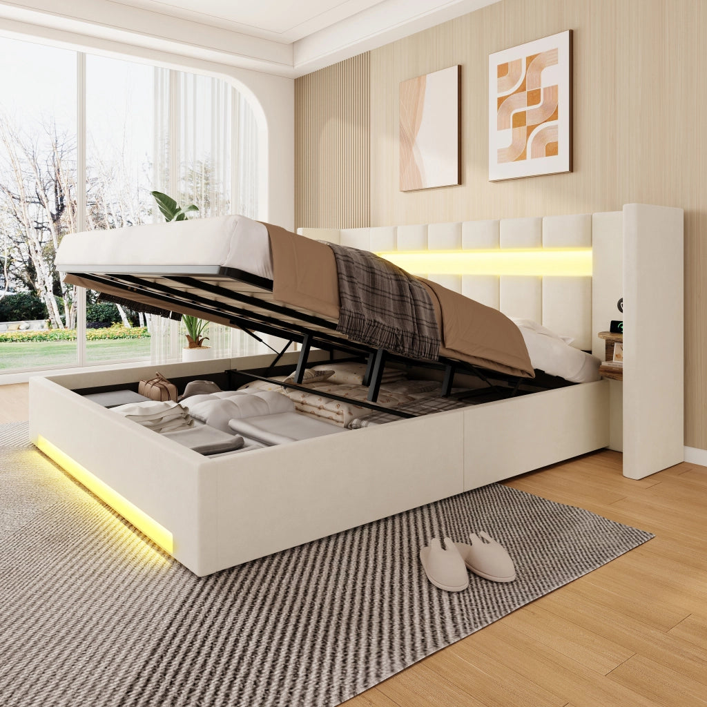 DESMIU Letto contenitore 180 × 200 cm 2 posti con USB, LED, vani portaoggetti, senza materasso, in velluto, beige