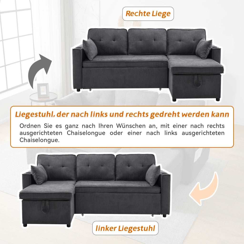 Divano Angolare Letto 3 Posti con Contenitore, Chaise Longue Reversibile, Tasche e Portabicchieri in Cotone Lino Grigio 211 × 130 × 86 cm