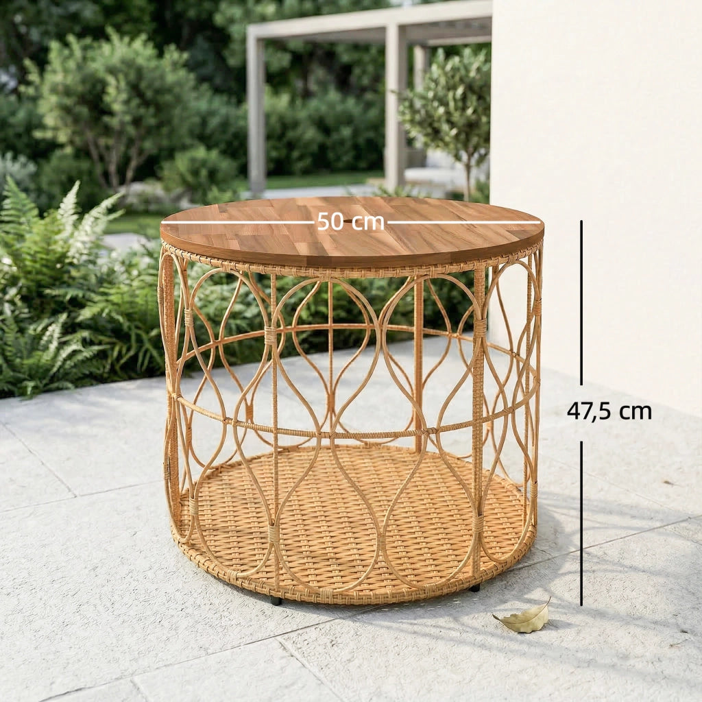 Comodino laterale da 50 cm con piano effetto rattan in legno di acacia regolabile in teak