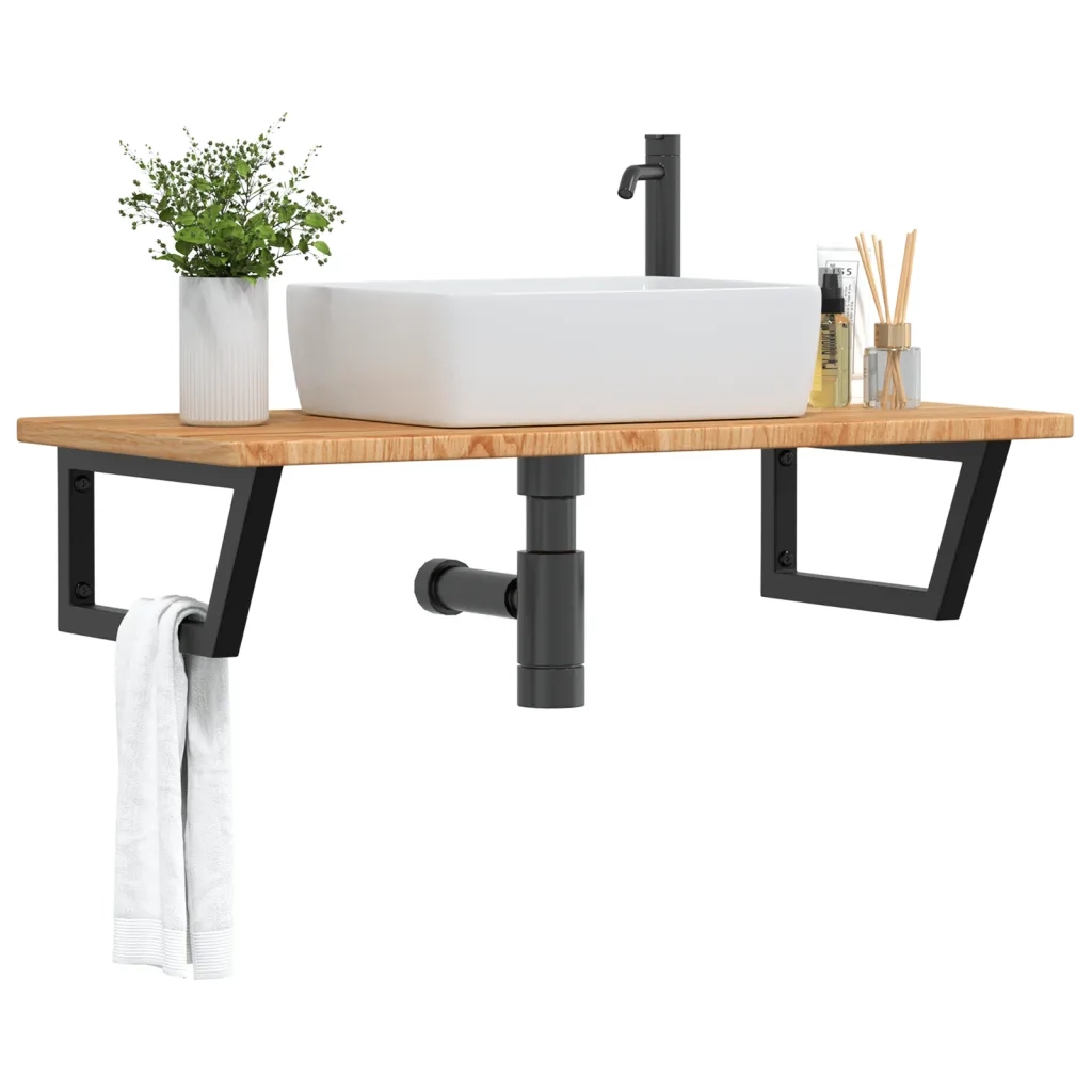 Ripiano a Parete per Lavabo in Acciaio e Massello di Rovere