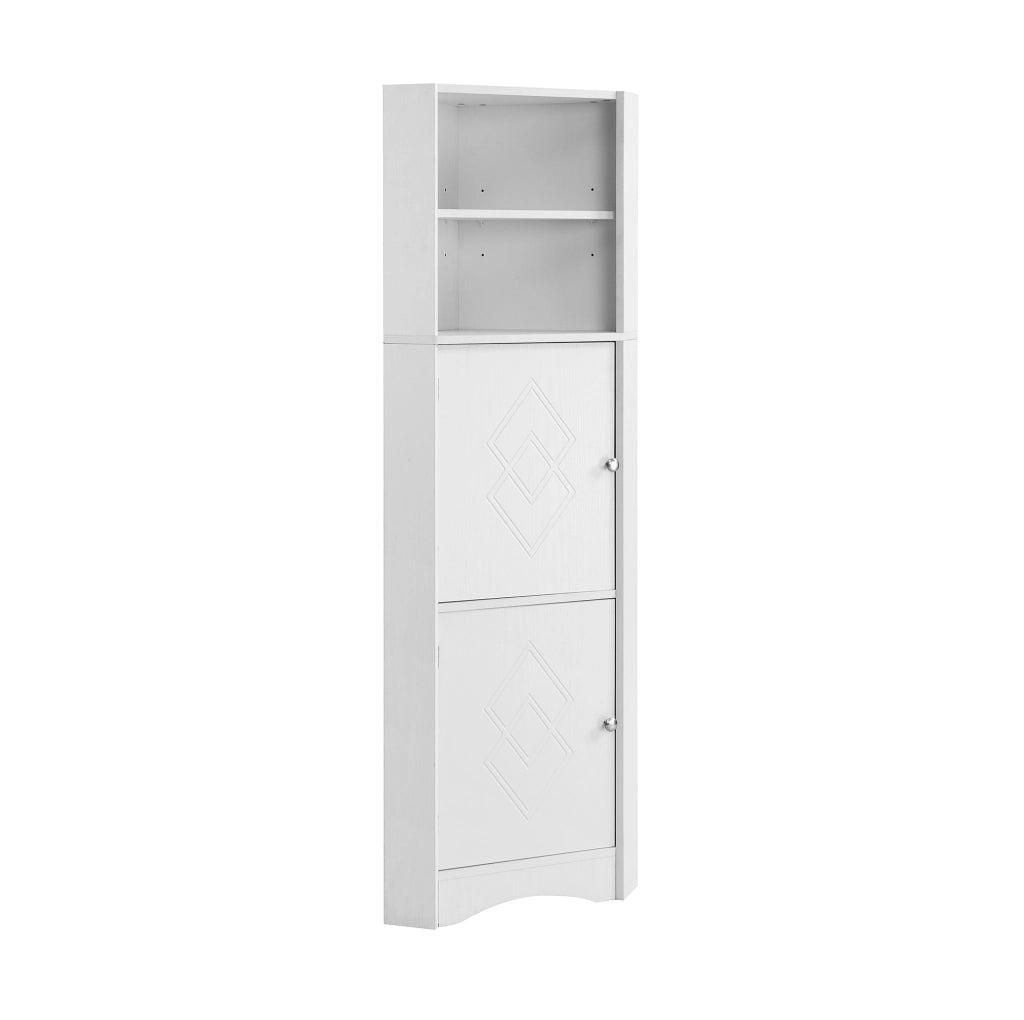 Mobile bagno angolare con ripiani aperti e anta decorata in truciolare bianco