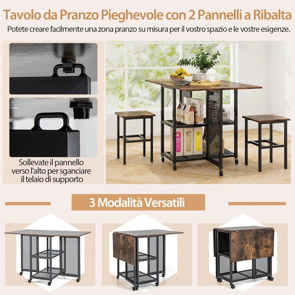 Set Tavolo da Pranzo Pieghevole 3 Pezzi, Tavolo da Pranzo Estendibile con 2 Sgabelli, con Ruote Bloccabili, 2 Ripiani di Archiviazione a Rete, Set da Pranzo per Soggiorno, Sala da pranzo