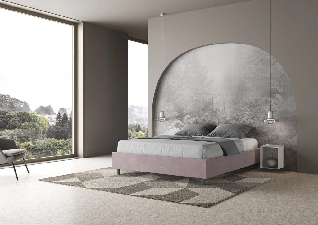 BS COM Letto queen size con rete imbottito 150x210 microfibra glicine