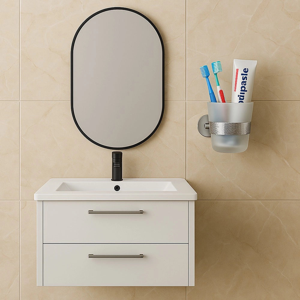 Trade Shop - Porta Spazzolini Da Denti In Acciaio Lucido Con Bicchiere Vetro Satinato Bagno 87917 -