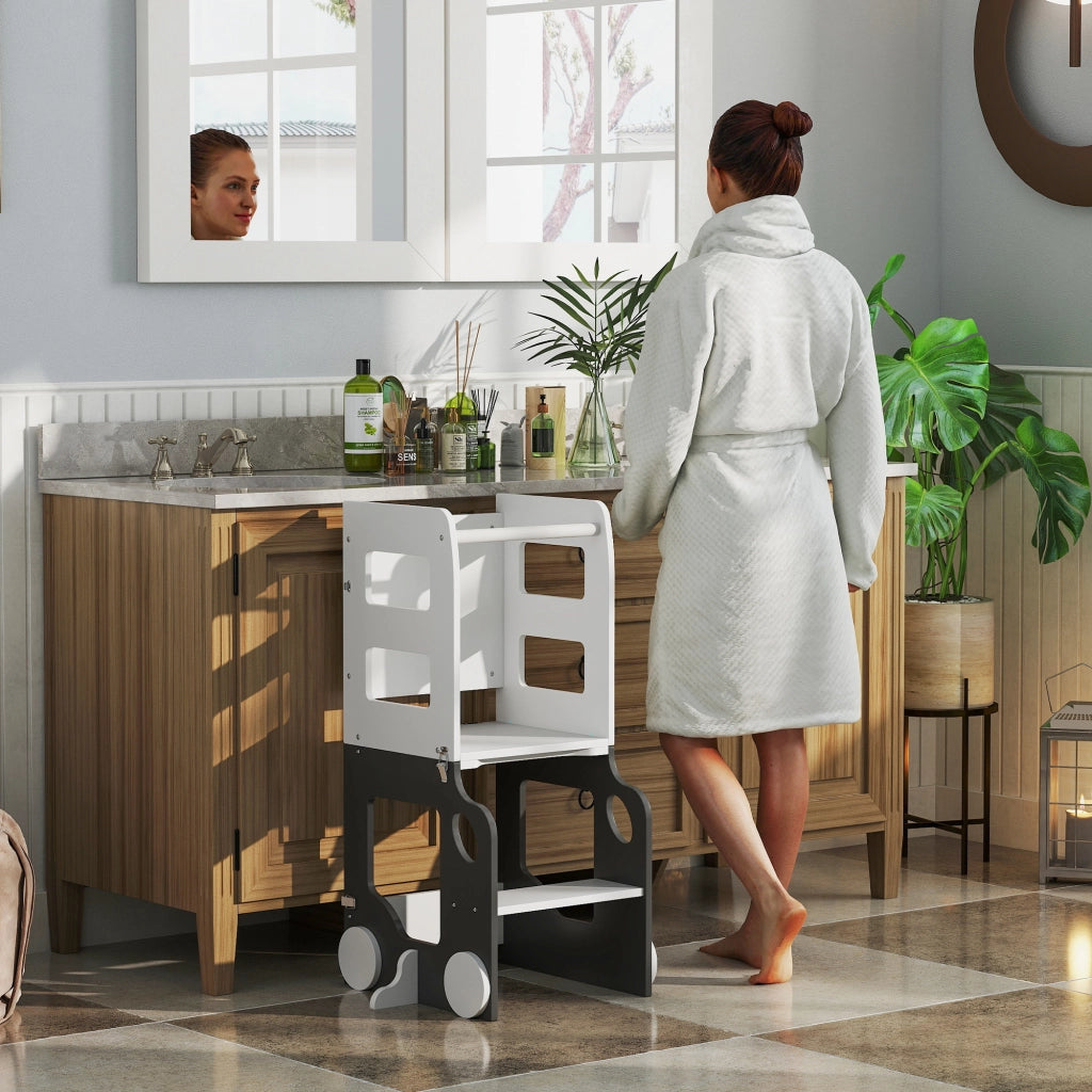 Scala Montessori 4 in 1 con Lavagna e Set Tavolo Sedie Legno Bianco 58x46x92cm