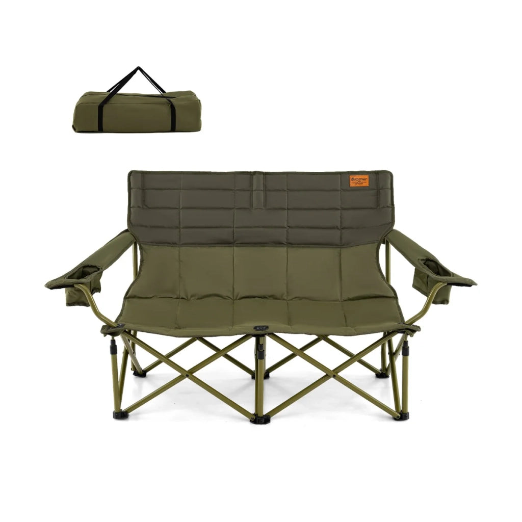 Sedia da campeggio a 2 posti 147 x 69 x 82 cm seduta imbottita e braccioli regolabili in tessuto Oxford verde 20_0011149