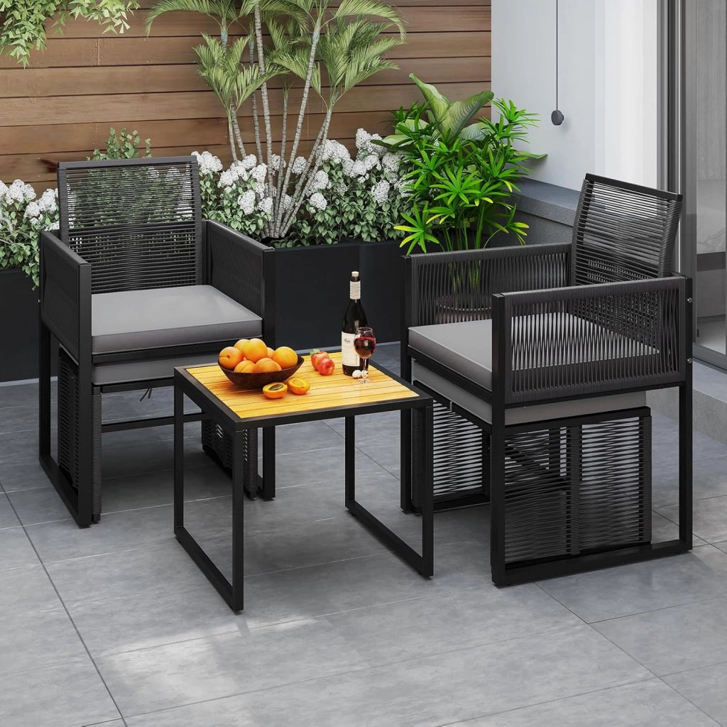 5 Pezzi Set da Esterno in Rattan PE, Set Mobili da Giardino con Cuscini, Sedie Poggiapiedi e Tavolino da Caffè, Poltrone Lounge Salvaspazio per Balcone, Piscina e Cortile