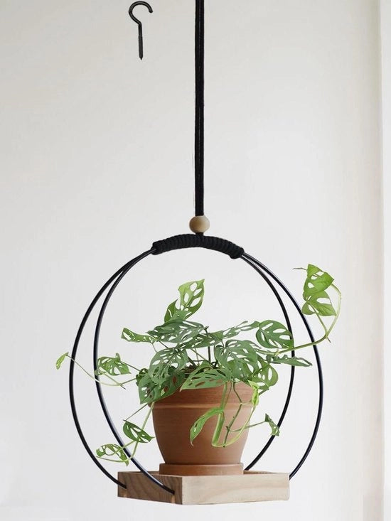 Macramé decorativo per piante con piede in legno per piante da appartamento - nero - Sostegno per piante da appendere per decorazione di parete/finestra/appartamento - nero (vaso e pianta non incluse)