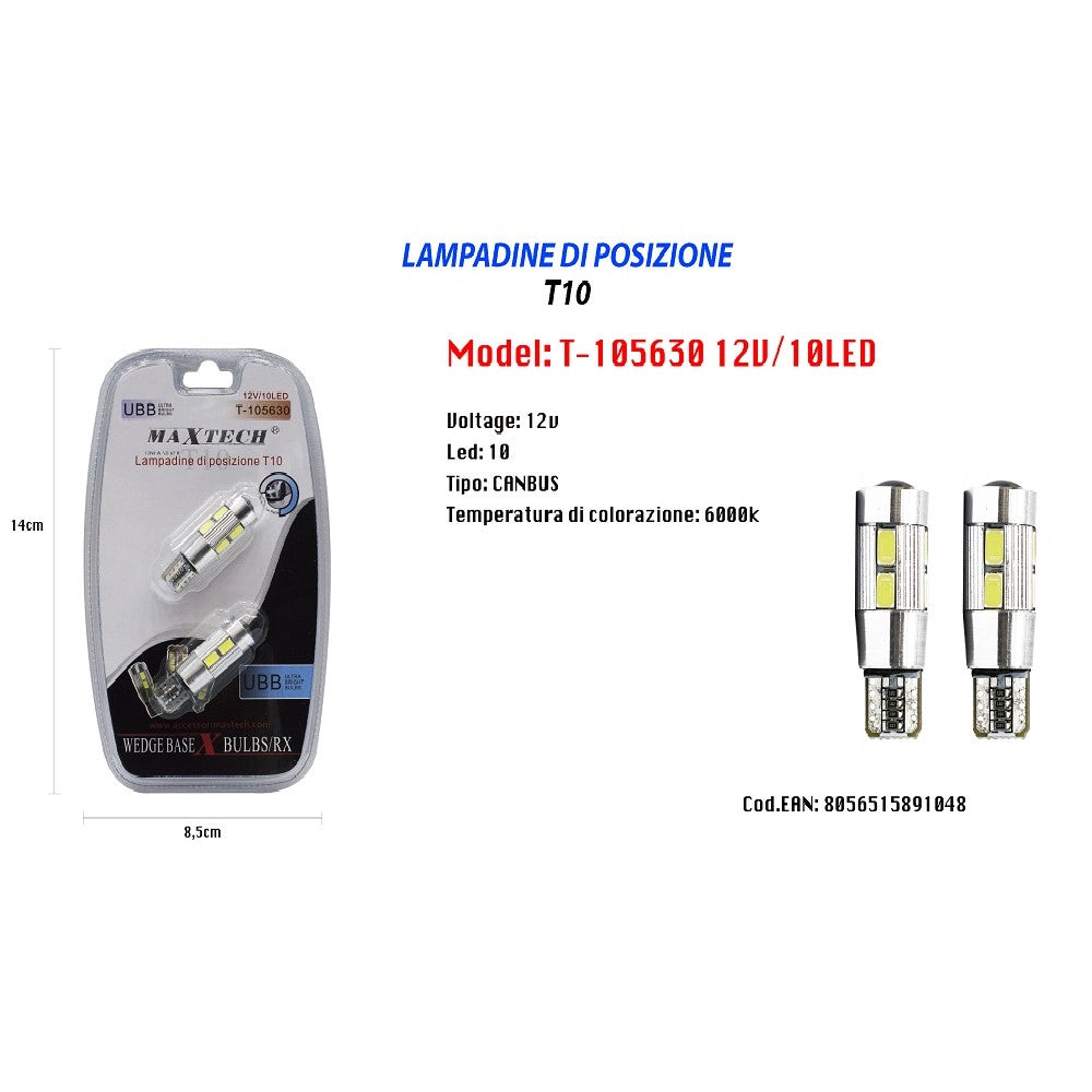 Trade Shop - Lampadine Di Posizione T10 Maxtech T-105630 12v 10led Ultra Luminose Canbus 6000k -