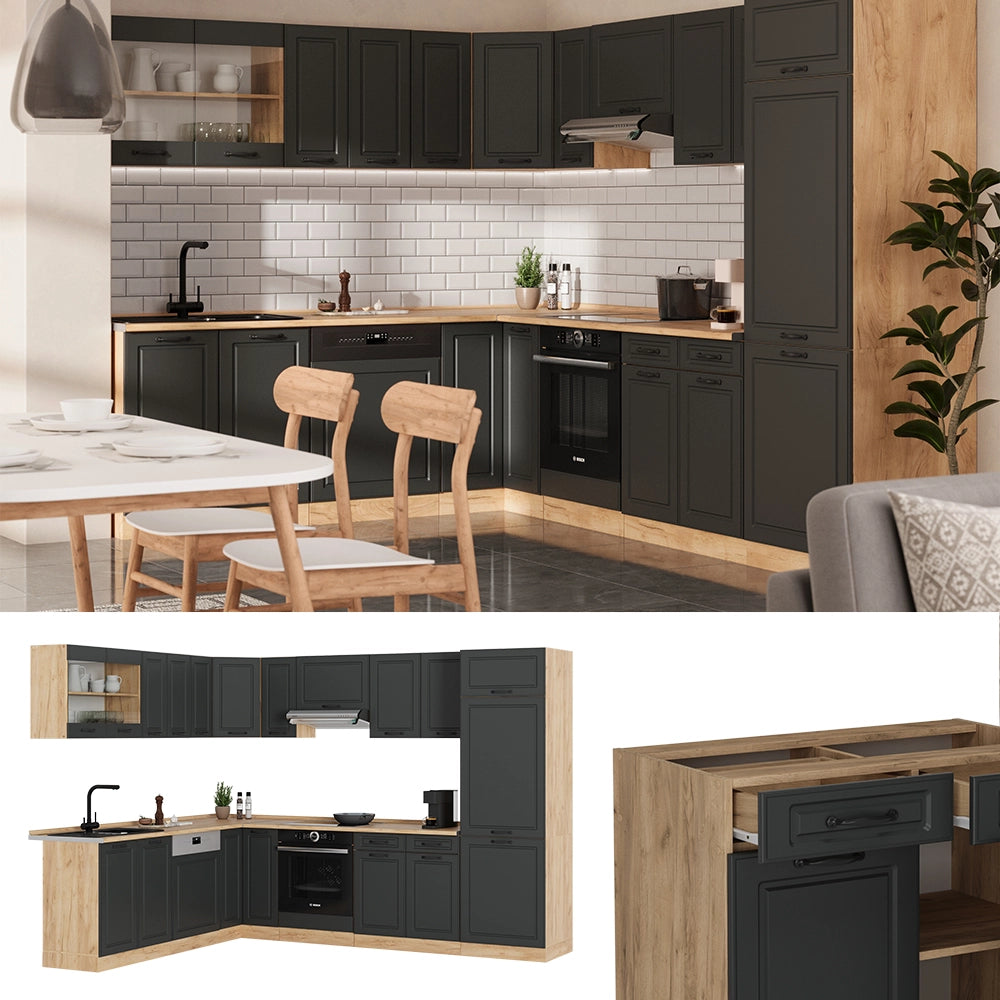 Cucina angolare completa R-Line Antracite rustico/Rovere dorato 287 x 227 cm, PL Marmo Vicco