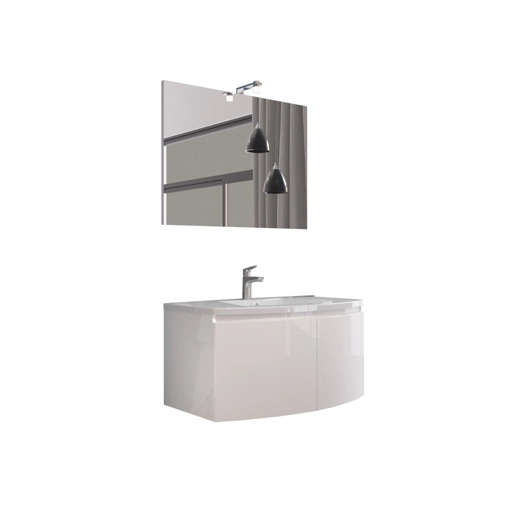 Composizione bagno 2 ante con lavabo in ceramica e specchio con lampada led