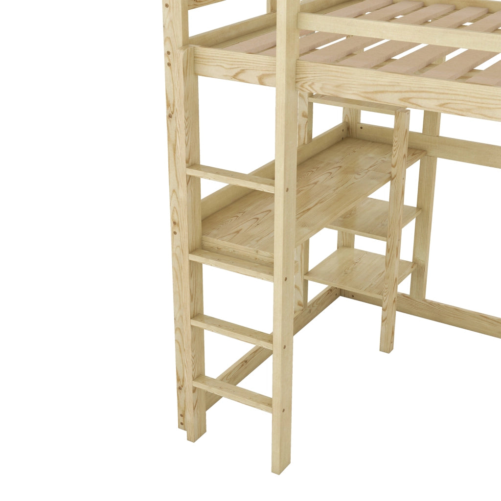 DESMIU Letto a soppalco matrimoniale con scrivania e 4 ripiani, 140 × 200 cm, senza materasso, pino naturale