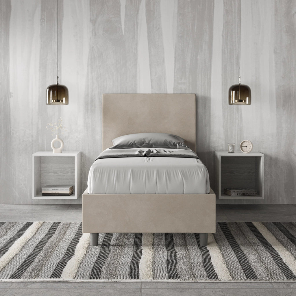 BS COM Letto singolo con rete imbottito 80x190 microfibra sabbia