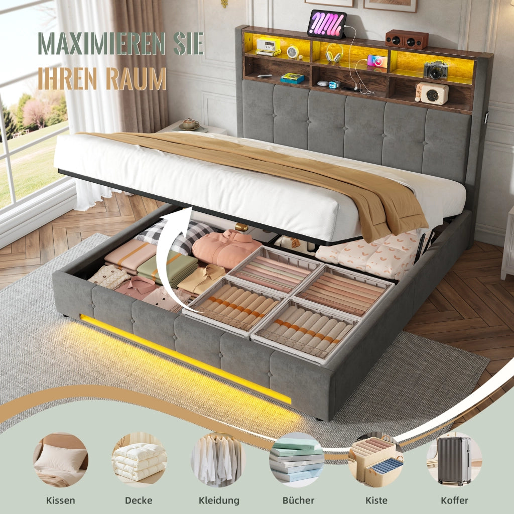 DESMIU Letto contenitore 160 × 200 cm 2 posti con USB-C, LED, 6 scomparti, senza materasso, in velluto grigio scuro