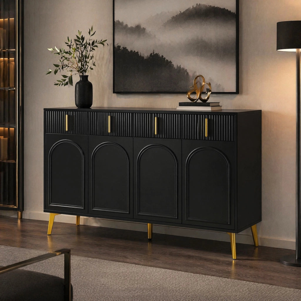 MADIA 140x38x82 cm 4 ante 4 cassetti MDF nero con dettagli oro