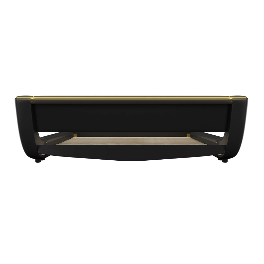 Letto basso matrimoniale 160×200 cm a pavimento con LED regolabile; senza materasso; PU e MDF; nero