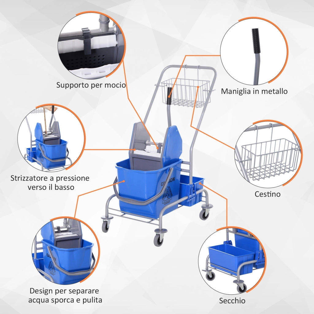 Carrello Pulizie Professionale con Secchio 25L e Strizzatore Blu