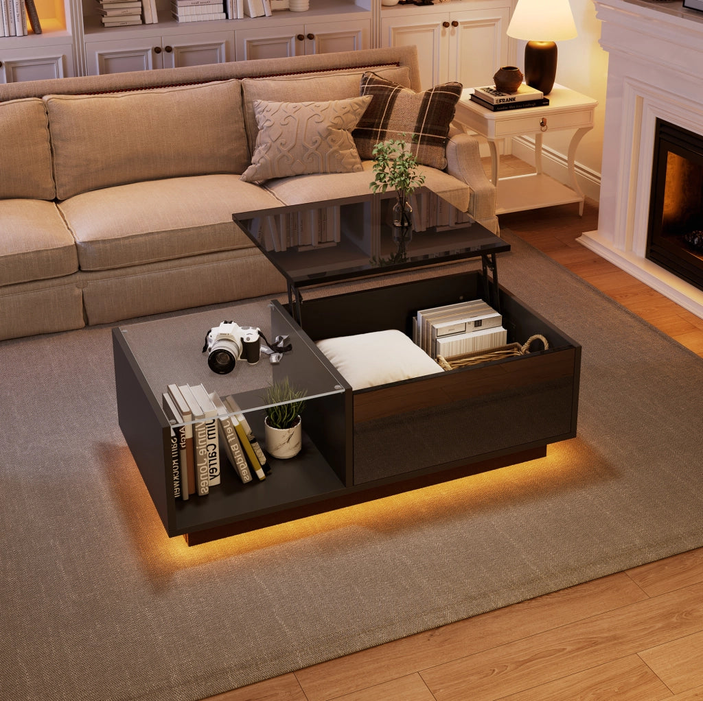 Tavolino da salotto sollevabile con LED APP; piano lucido nero; 100 x 50 x 33 cm in pannello truciolare