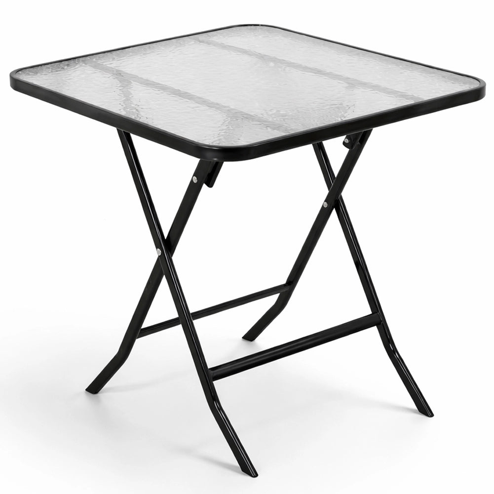 Tavolo Pieghevole Quadrato da Esterno 60x60x71cm con Struttura in Acciaio e Piano in Vetro Nero