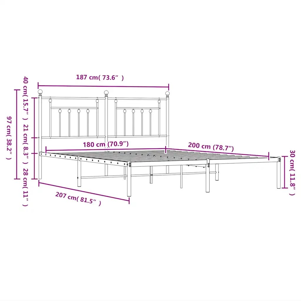Letto matrimoniale | Letto per adulti | Giroletto con Testiera Metallo Bianco 180x200 cm