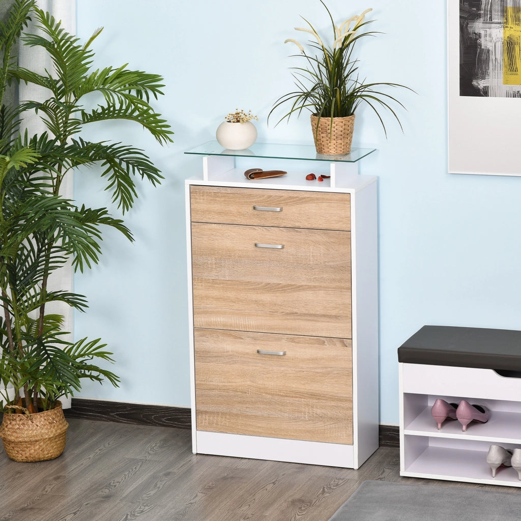 Armadio per Scarpe con 2 Ante Battenti, Cassetto e Piano in Vetro ¨C Minimal ¨C Legno Rovere Bianco 60x35x100