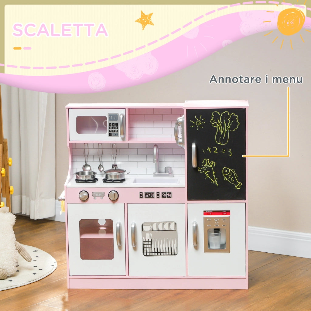 Cucina Giocattolo in Legno per Bambini 3-8 Anni con Fornelli. Microonde. Lavandino. e Accessori. Rosa