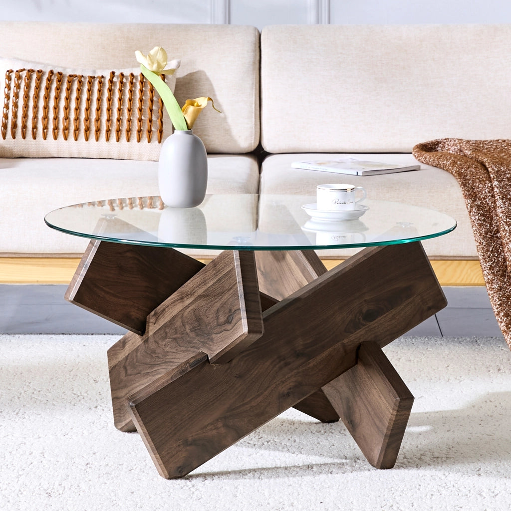 Tavolino da salotto rotondo con piano in vetro e base a croce in MDF, stile moderno per soggiorno, noce, Ø 79 cm