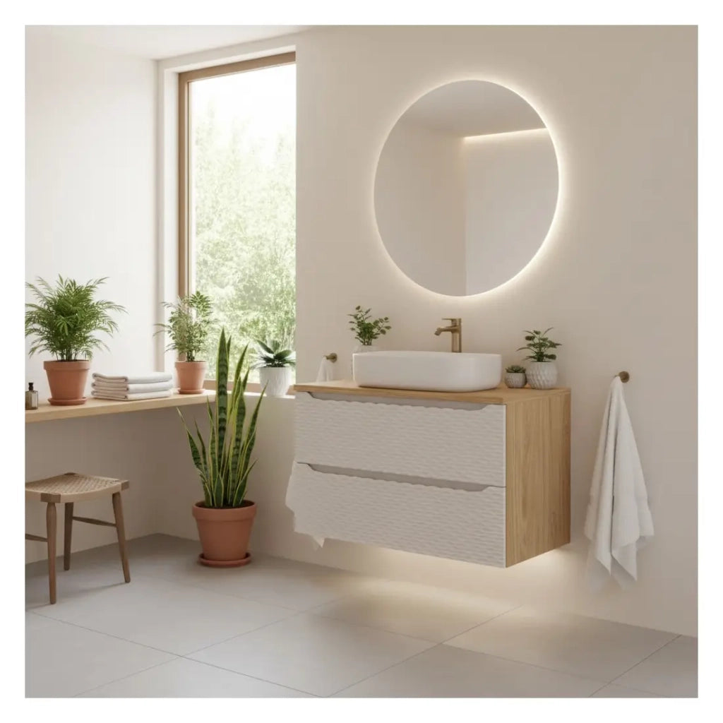 Set da bagno YOKA beige: mobile sottolavabo con cassetti 90 cm + piano lavabo