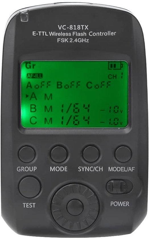 Trasmettitore radio E-TTL per flash - Sincronizzazione fino a 1/8000s - Sistema 2.4G - Adatto per fotocamere Canon - Trasmettitore professionale per flash - Codice prodotto VC-818TX