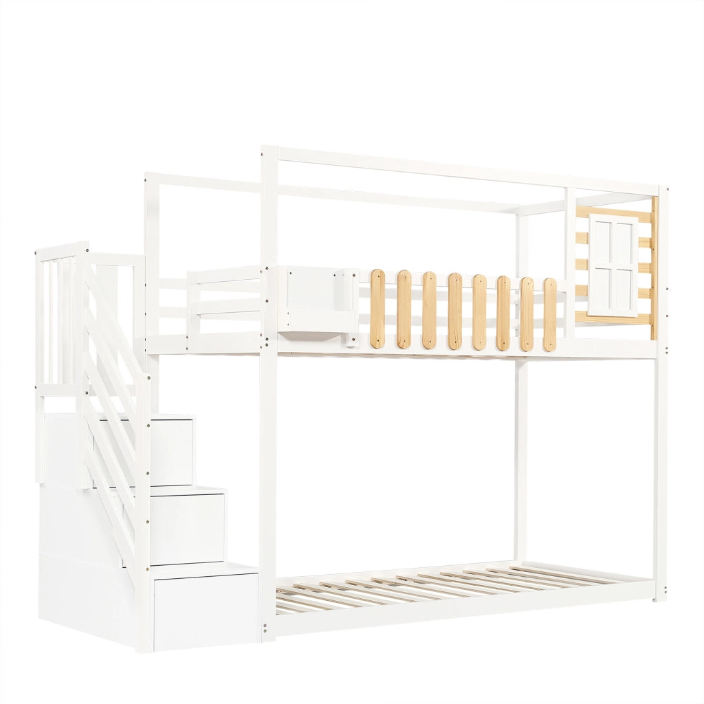 Letto a castello con scala e finestra - Zephmum- 90x200cm bianco, scaffali e cassetti