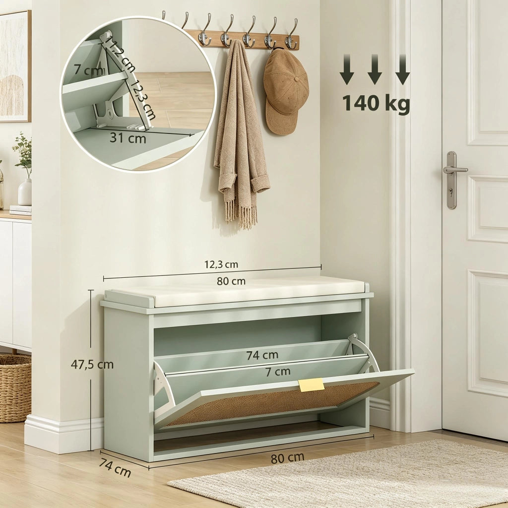Scarpiera con vano contenitore e cuscino, 8 paia, tessuto effetto lino e MDF, verde e beige